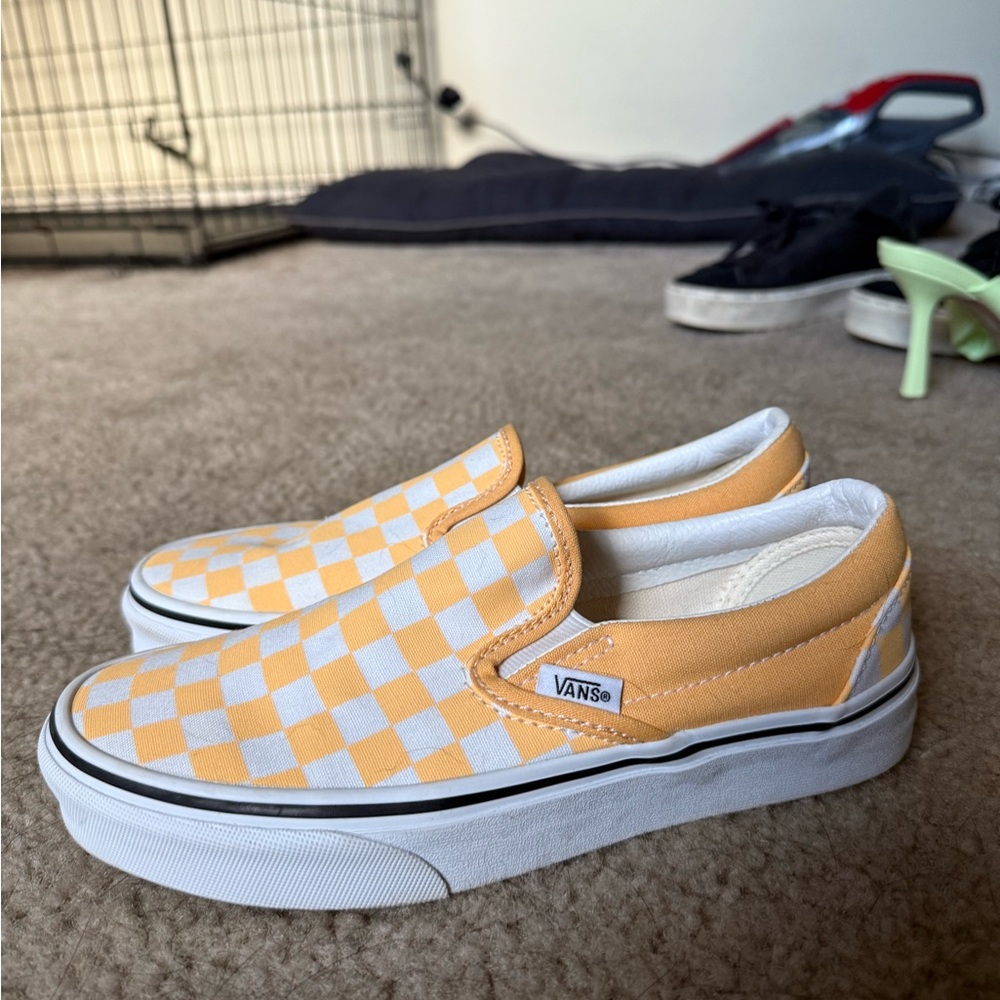 Vans Yellow and White Checkered Slip-Ons